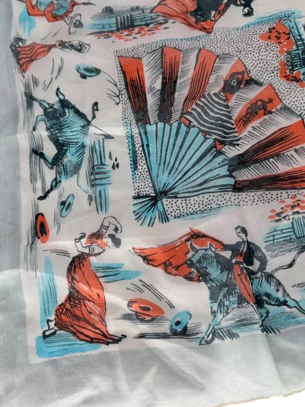 Vintage Matador Flamenco Bullfighting Handkerchief Scarf With Spanish Theme Art